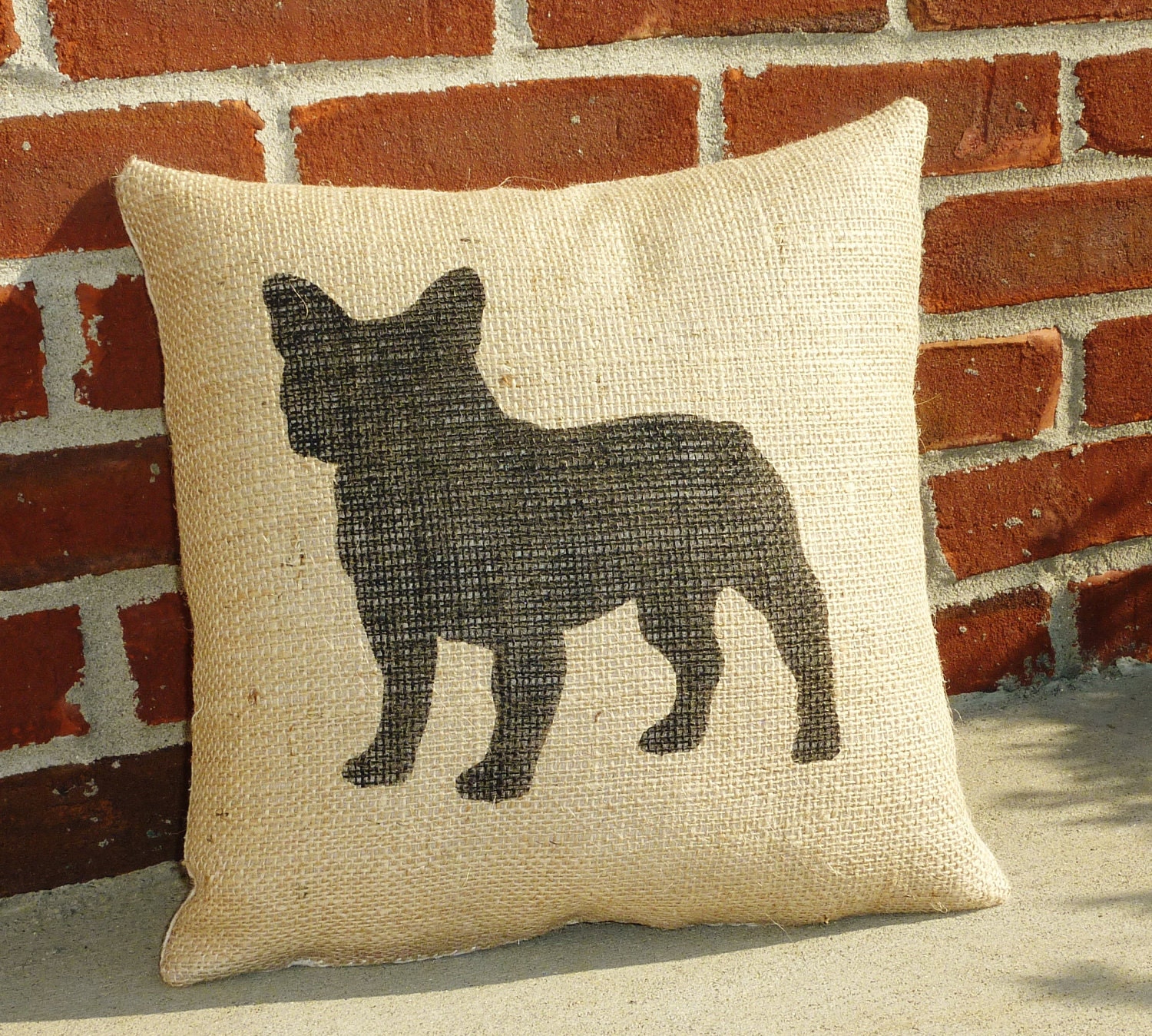 Handmade Stenciled French Bulldog Silhouette Burlap Pillow-Insert Included