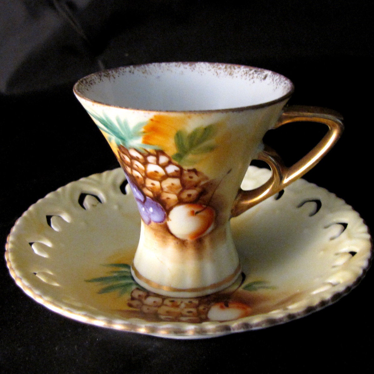Handpainted Porcelain Cup Saucer Pineapple Fruit Motif - Looks Like Lefton