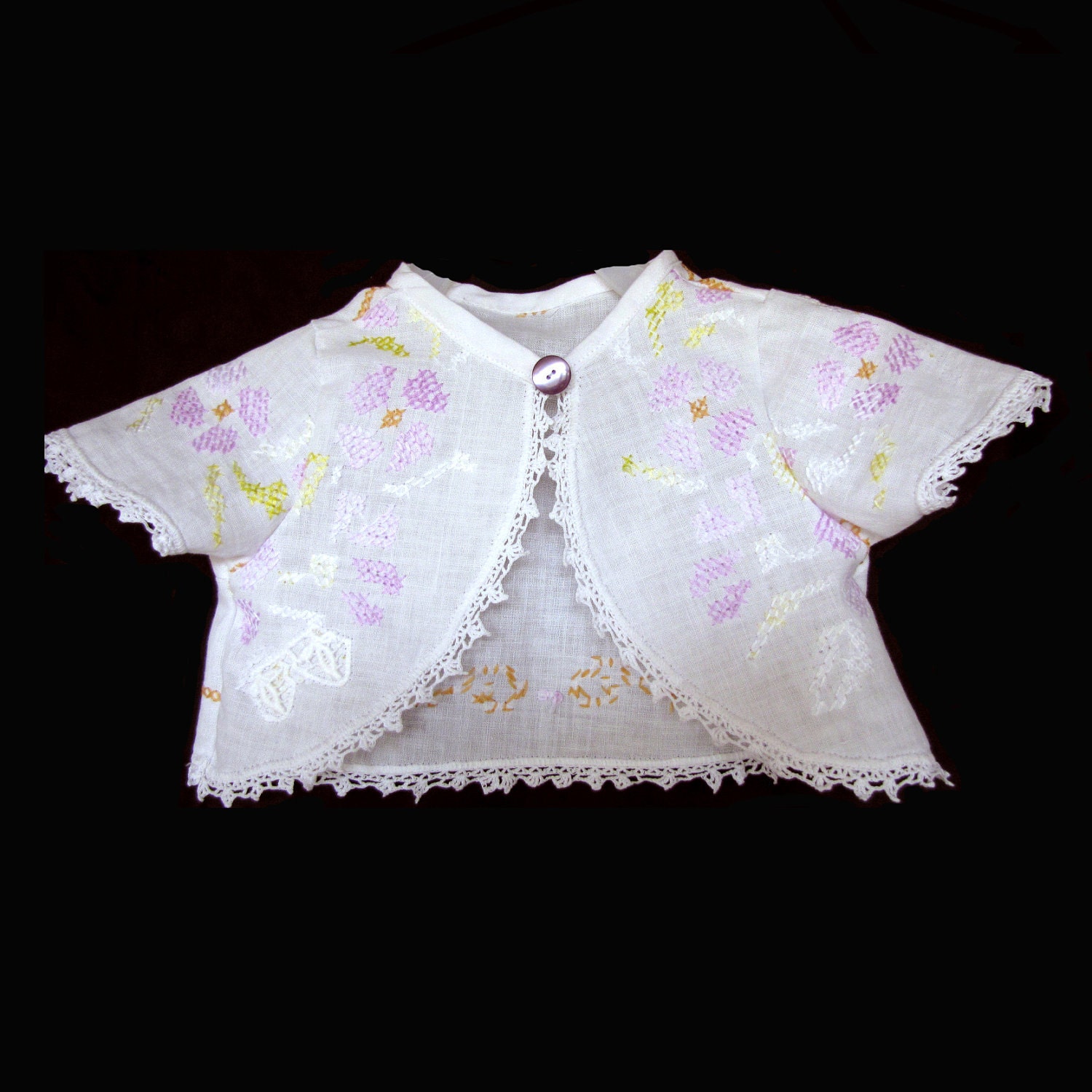 ON SALE - Embroidered Linen Baby Bolero Jacket - 12M - Repurposed from Vintage Table Runner