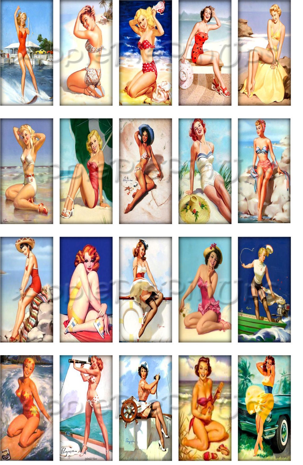 Printable Digital Collage Summer Fun Vintage Retro Cheesecake Style PinUp Girls 1x2 inch Domino Sheet Scrapbooking Box Tags Jewelry Making