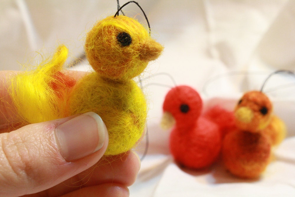 set of 3 red, gold and yellow needle felted bird ornaments
