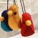 set of red, blue and yellow "banana bird" felt ornaments