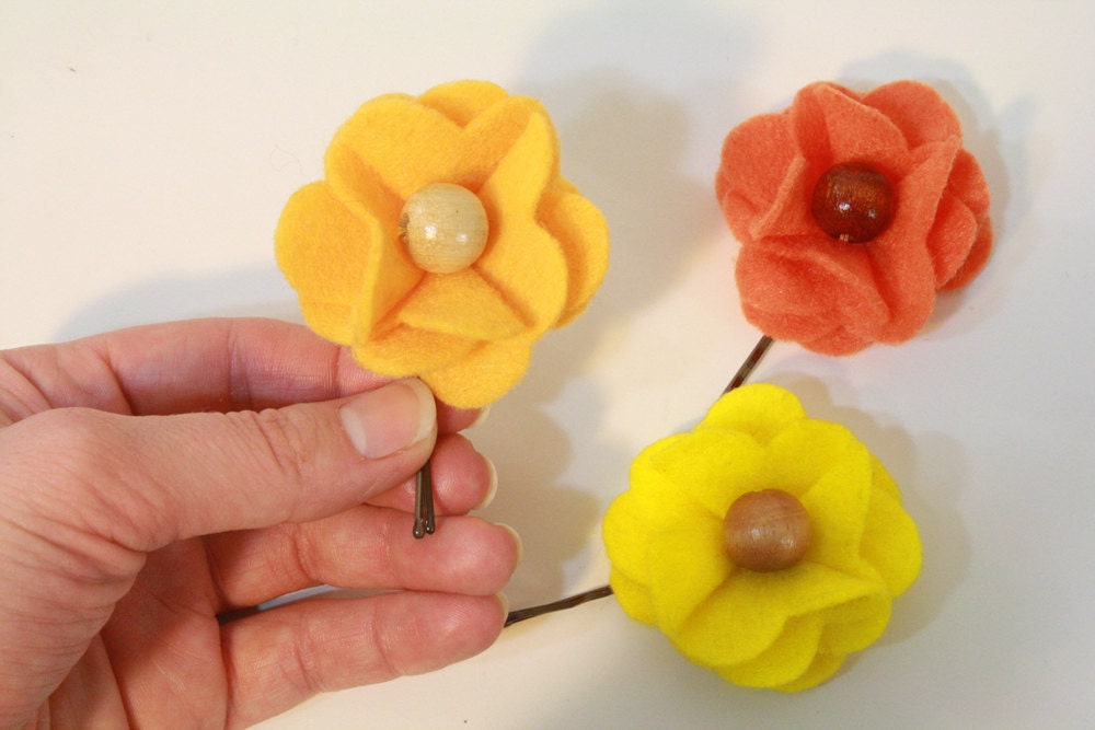 summery citrus felt flower bobby pins - set of 3
