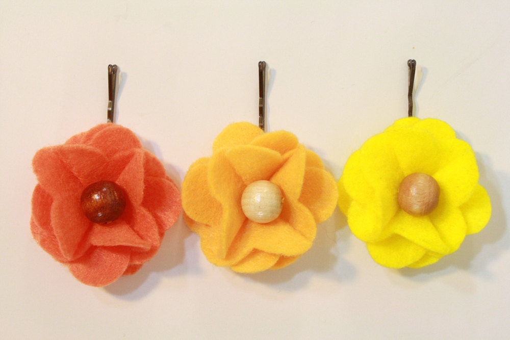 summery citrus felt flower bobby pins - set of 3