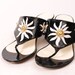1980's Dezaria Black Patent Leather pumps - white sunburst design, gold sun and clear heels - Size 6