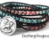 Earthy Leather 3 three Wrap Bead Bracelet Weaved with Turquoise , Jasper and Silver
