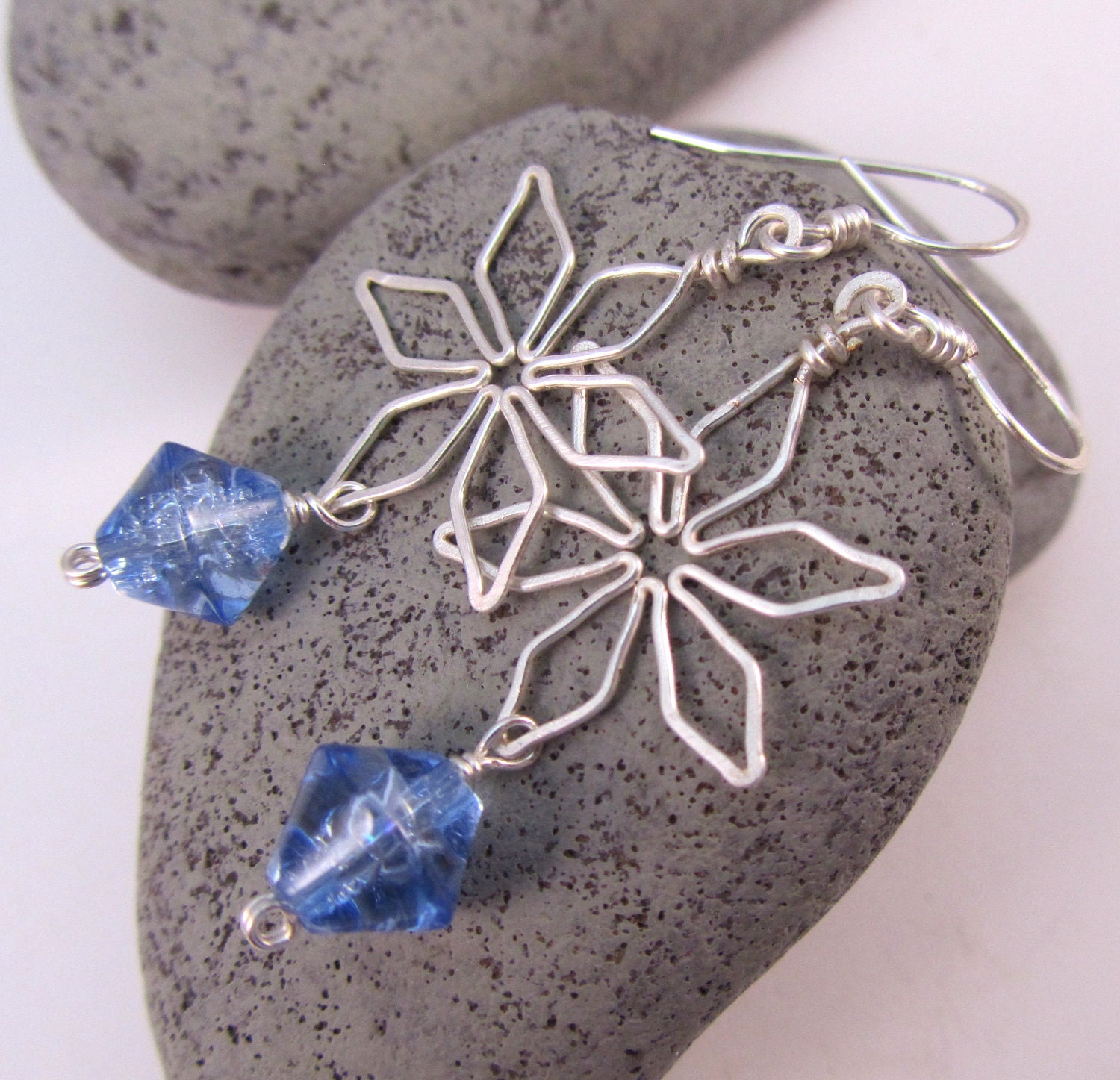 Snowflake Earrings - Nontarnish Silver and Wintry Blue Glass - FantasiaElegance
