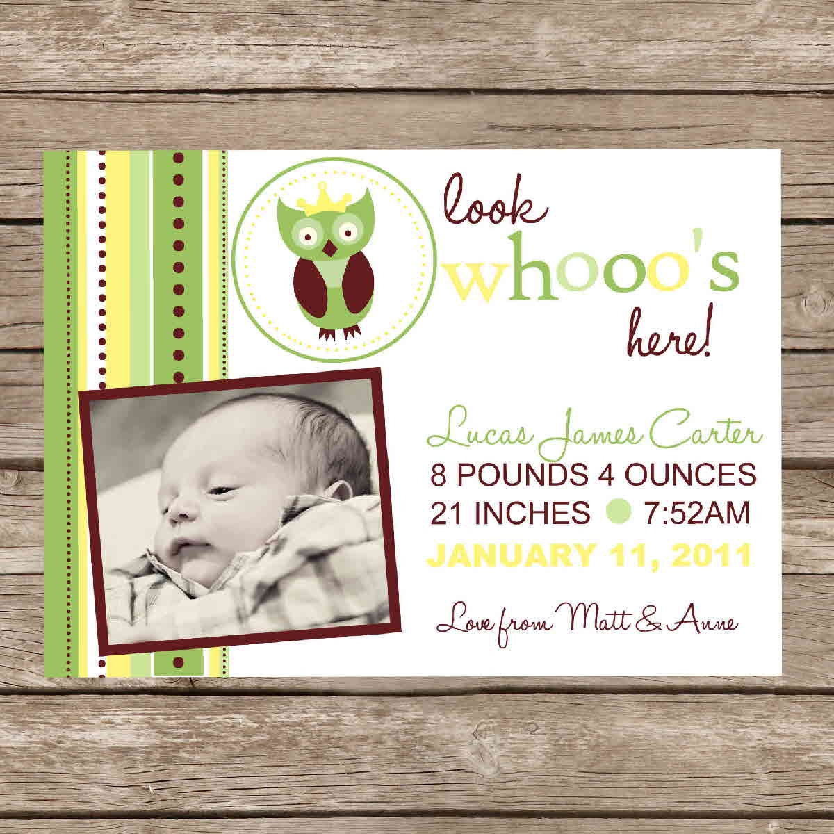 Printable Boy or Girl Owl Photo Birth Announcement- Printable Digital File