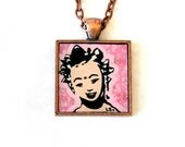 Pink Female Buddha Original Art Pendant by Lauren Snyder-Recycled Paper Mixed Media Mosaic Art