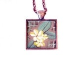 Plumeria Blossoms Original Art Pendant by Lauren Snyder-Recycled Paper Mixed Media Mosaic Art