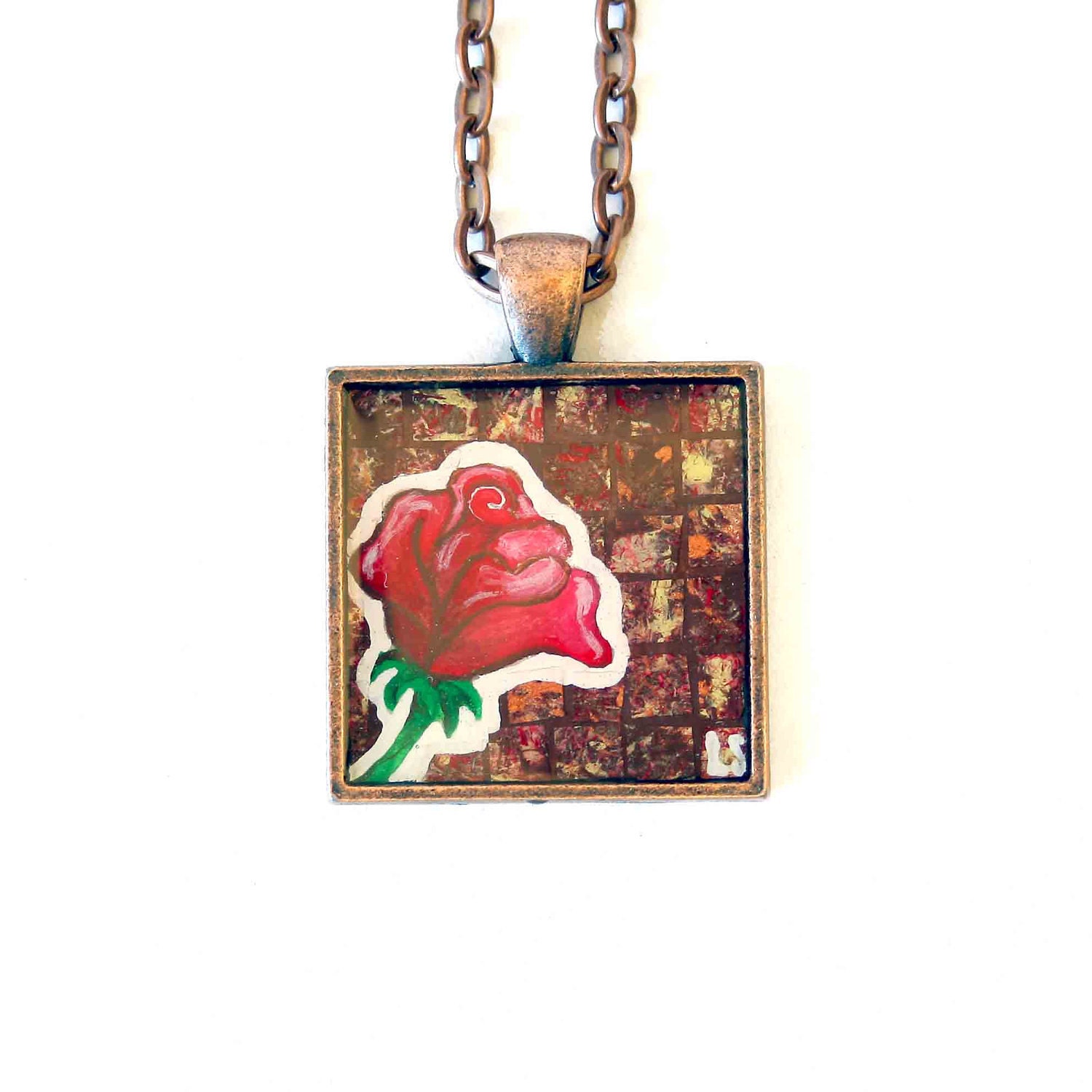 Red Rose Original Art Pendant by Lauren Snyder-Recycled Paper Mixed Media Mosaic Art