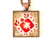 Little Red Crab Original Art Pendant by Lauren Snyder-Recycled Paper Mixed Media Mosaic Art