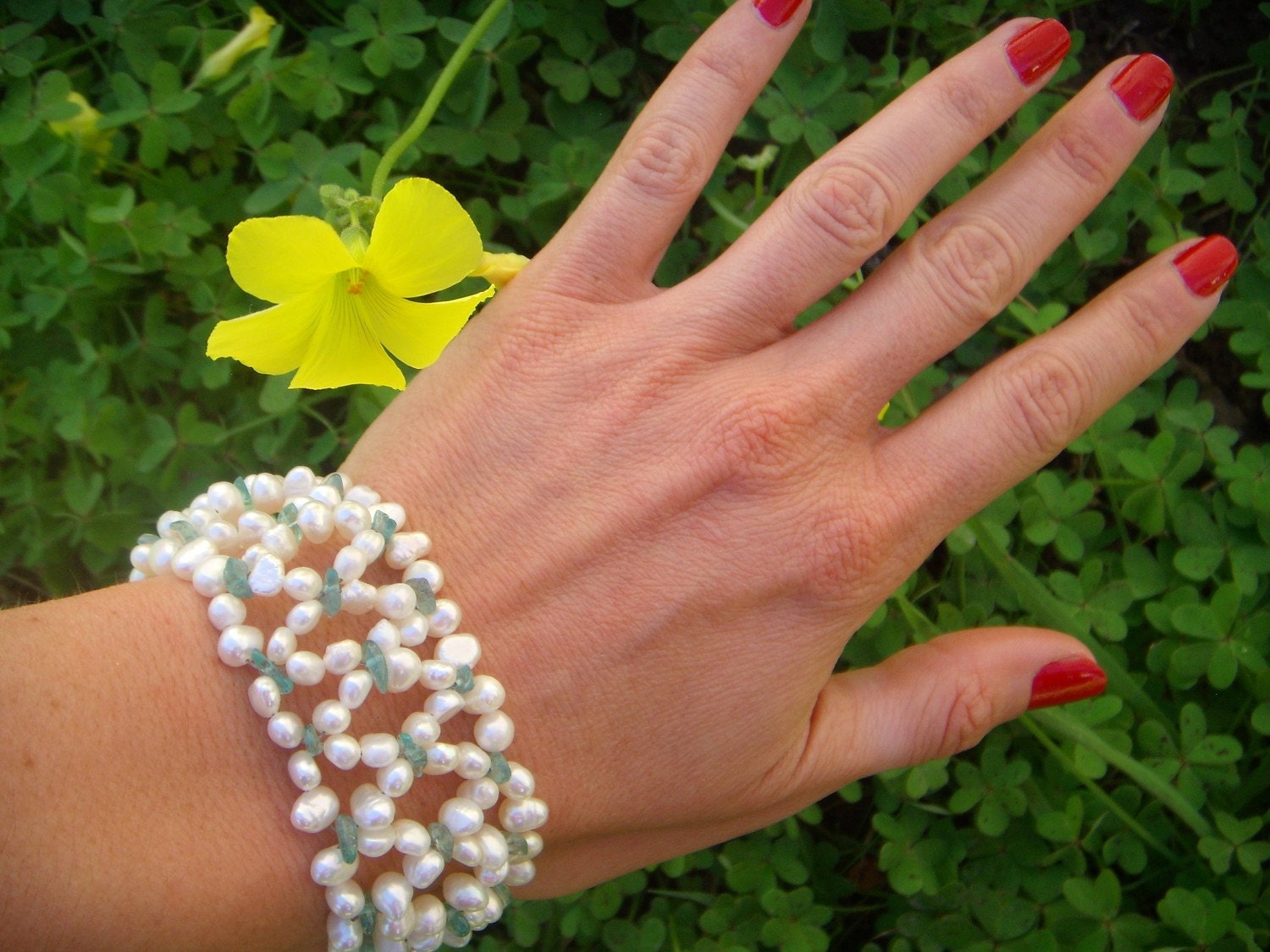 Thick Pearl Cuff - Beaded Bracelet - Something Blue Bridal-Teal Gemstone Apatite