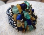 Gemstone Beaded Ring - Blue Grey Teal Yellow Cluster - Sterling Silver