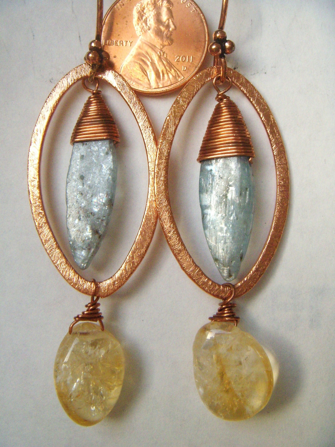 Dangle Earrings - Hammered Copper- Blue & Gold - Marquise
