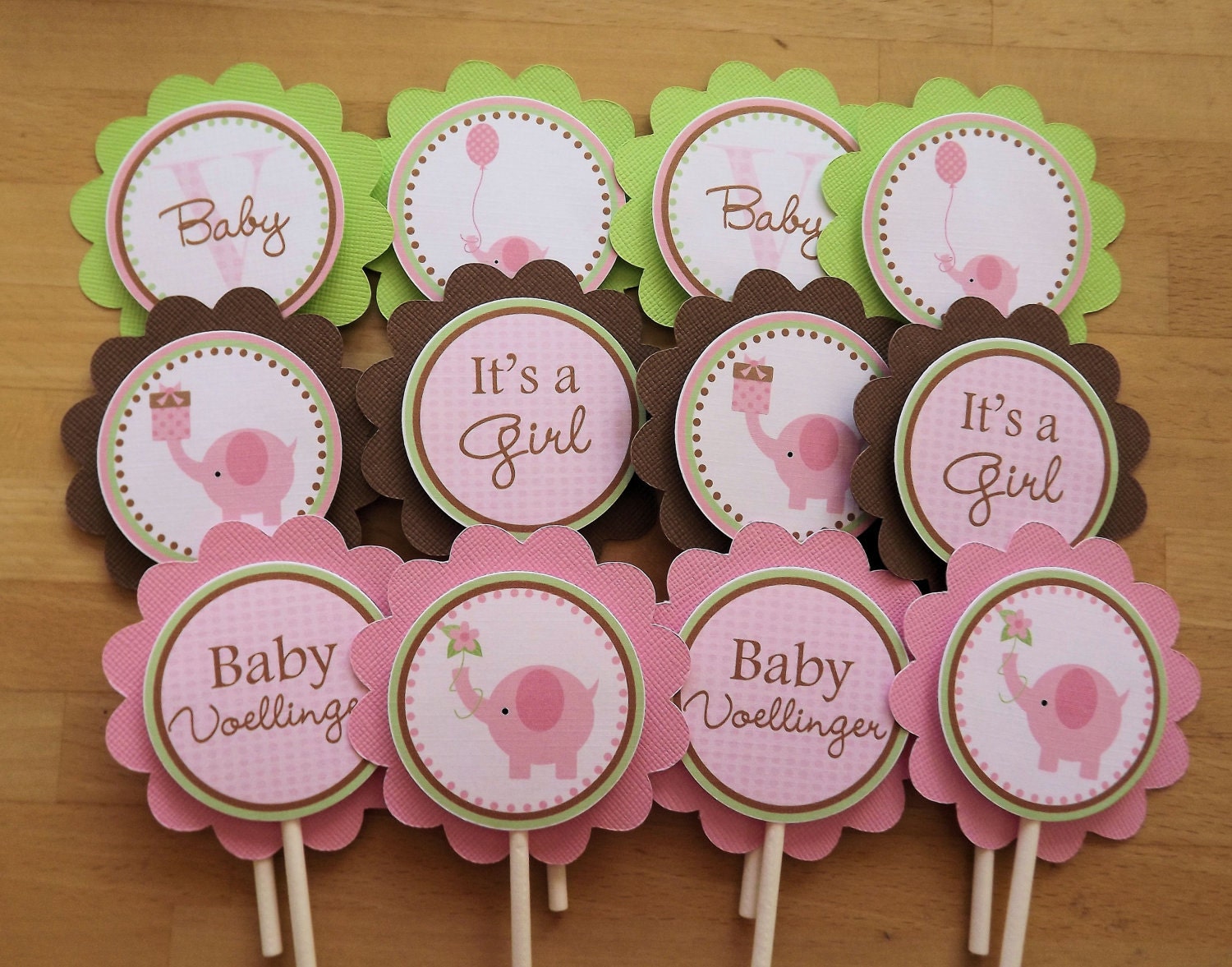 Pink, Green, and Brown Girl Elephant Collection: Cupcake Toppers Il_170x135