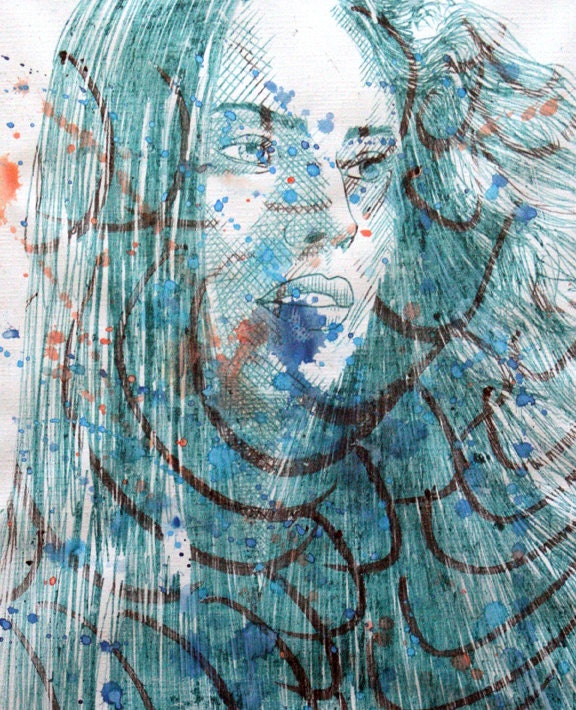 Fashion Drawing in Oil Pastels, Portrait with Gorgeous Hair, 8x10 Free Shipping