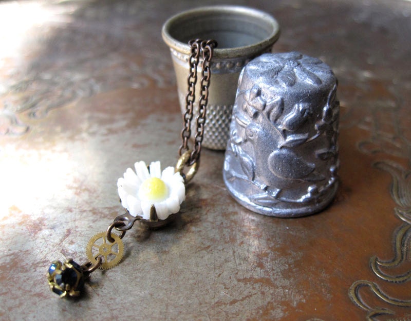 Thumbelina's Necklace with Vintage Daisy and Blue Rhinestone Ball / Repurposed Vintage Jewelry