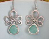 Dangle Earrings Silver Tiara Pendant with a Tiffany Blue Glass Stone, Bridesmaids Jewelry, Bridal Jewelry, Wedding Jewelry