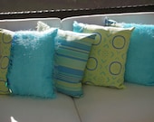 Pillow Clearance - Set of Three Decorative Pillows - Girl's Bedroom - 15 x 15 Inch - Bead Trim Fuzzy Design (Lime Green, Aqua, Blue) Pillows