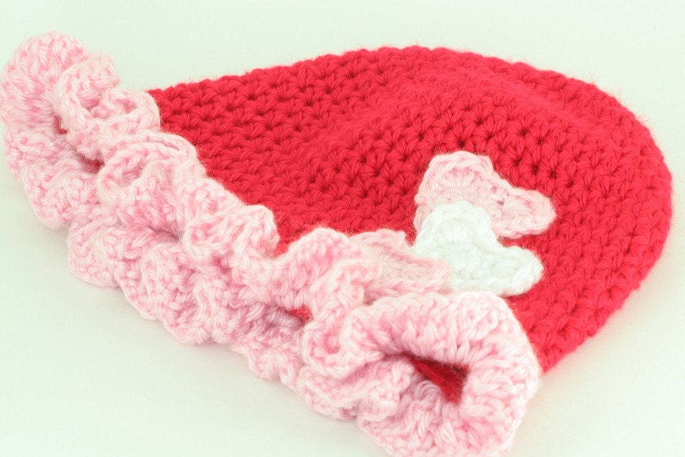 OOAK- Ruffle Hat With Hearts Infant 3-6 Months, Red, White, Light Pink - OOAK Ready To Ship - Handmade & Crocheted