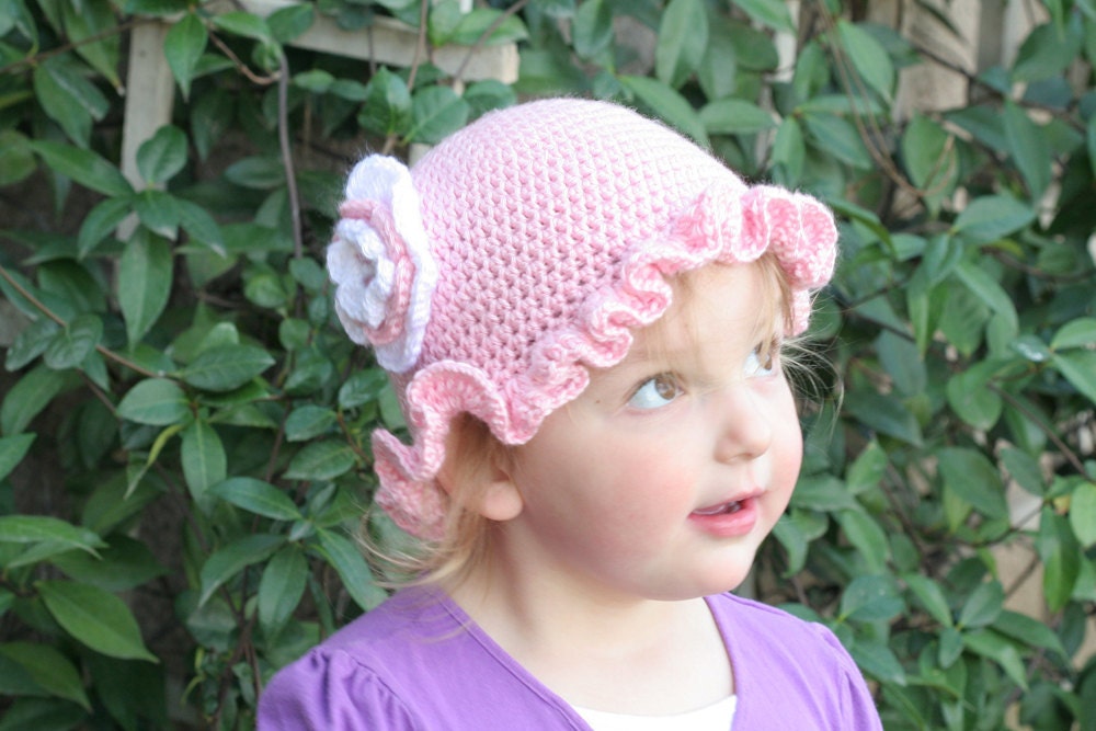 OOAK Pink and White Flower Hat With Ruffle Edge, Infant 3-6 Months - OOAK Ready To Ship - Handmade & Crocheted