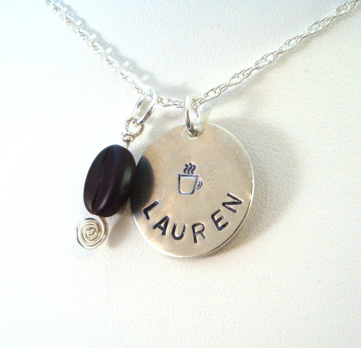 She Loves Her Coffee Hand Stamped Name Necklace, Favorite Things Necklace