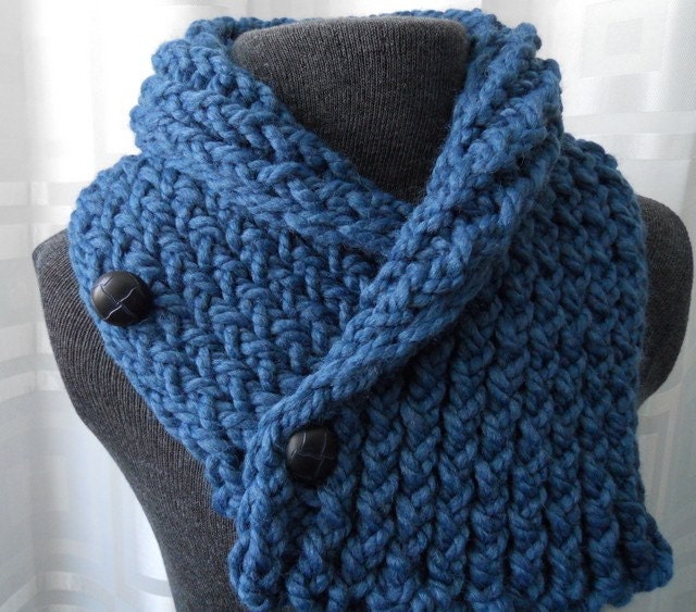 Short Scarf with Buttons, Dusty Blue Scarflette, Winter Scarf