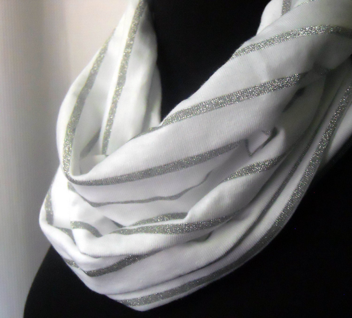 Infinity Scarf White Sparkle, Striped Scarf, Loop Scarf, Eternity Scarf, Circle Scarf