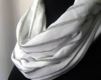 Infinity Scarf White Sparkle, Striped Scarf, Loop Scarf, Eternity Scarf, Circle Scarf