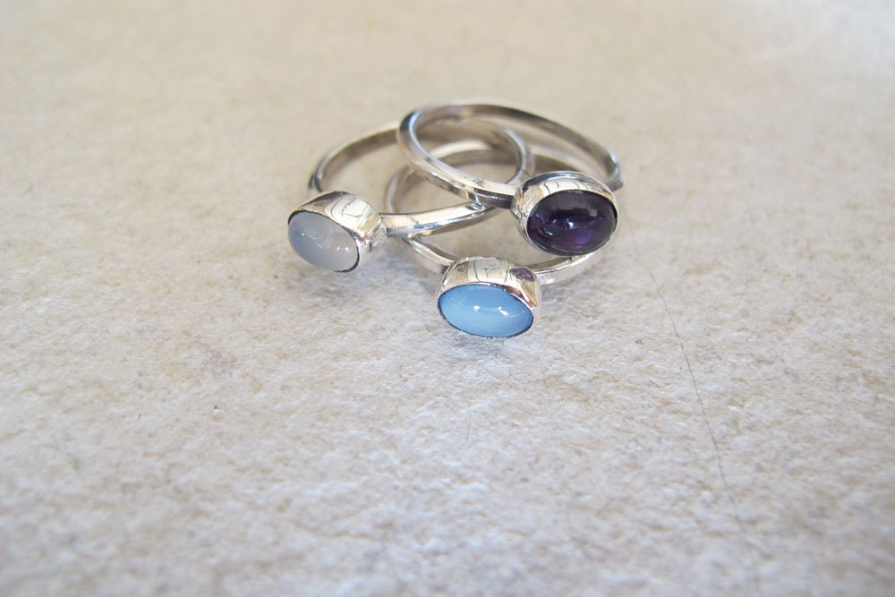 Amethyst,Moonstone,Chalcedony Stacking Rings Set of 3 Sterling Silver Bands
