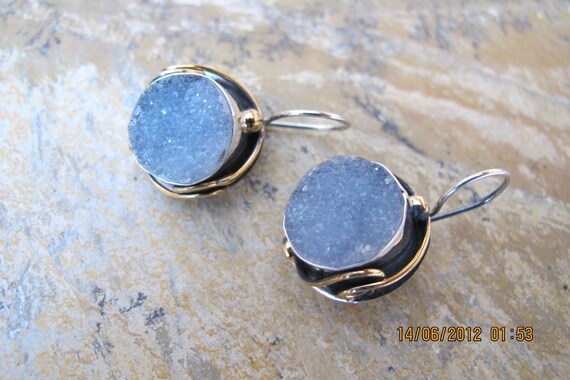 Druzy Chalcedony Earrings with Sterling Silver and 9 Carats Gold