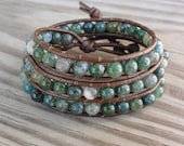 Leather Wrap Bracelet - Triple - Green Moss Agate
