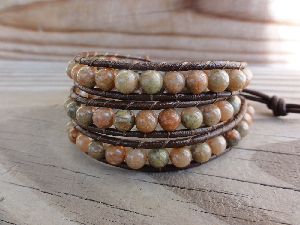 Triple Beaded Leather Wrap Bracelet - Autumn Jasper