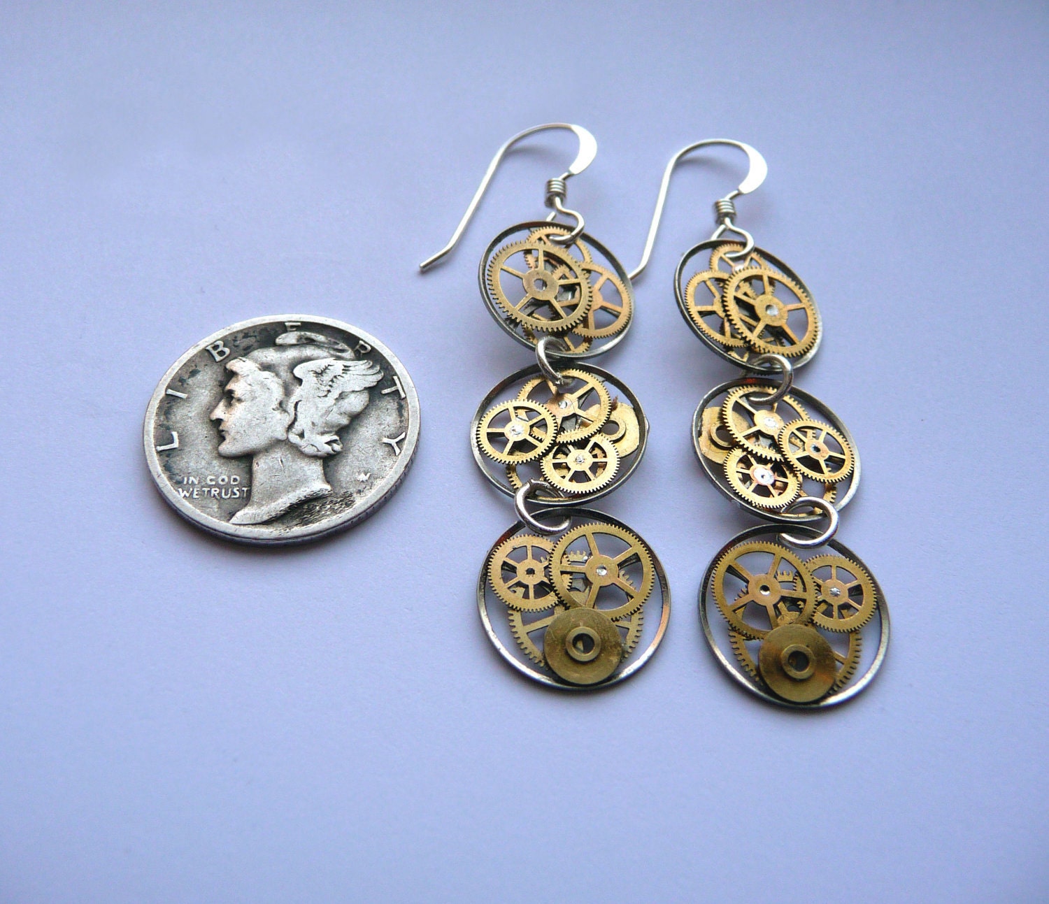 Steampunk Earrings Gearrings "Omega" Triple Circle Recycled Mechanical Watch Gear Dangle Sterling Silver French Wire Hook Steampunk Earrings