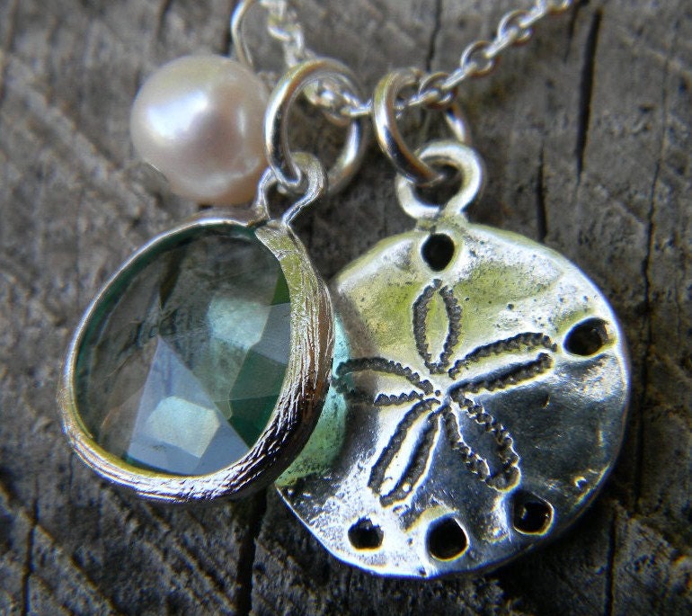 MOTHERS DAY SALE Sand Dollar and Sea Glass Charm Necklace Sterling Silver