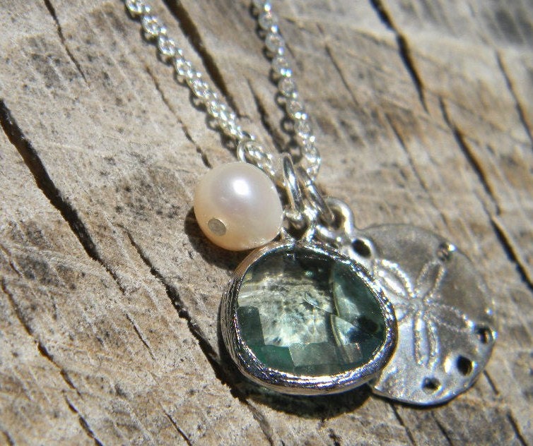 MOTHERS DAY SALE Sand Dollar and Sea Glass Charm Necklace Sterling Silver