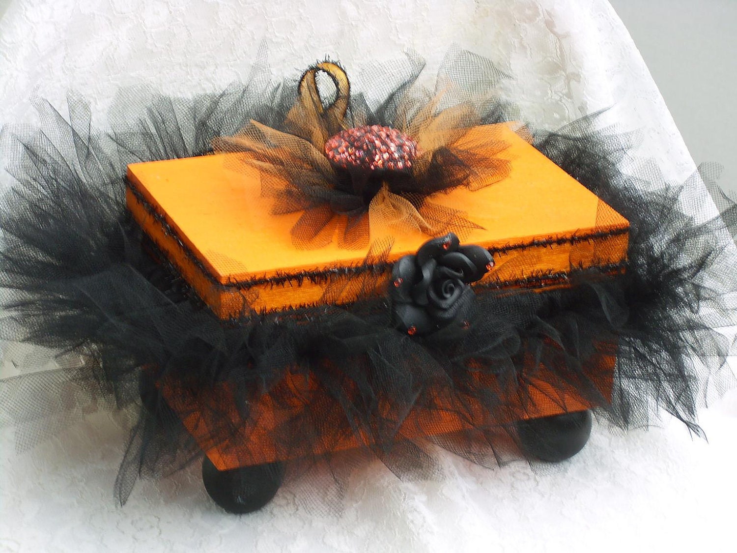Decorative Boxes Wood  with Black Tutu & Painted Orange and Black with a  Black Rose and Black Tutu Ready To Ship