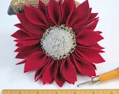 Berry Red Wool Flower Pin with White Center J522