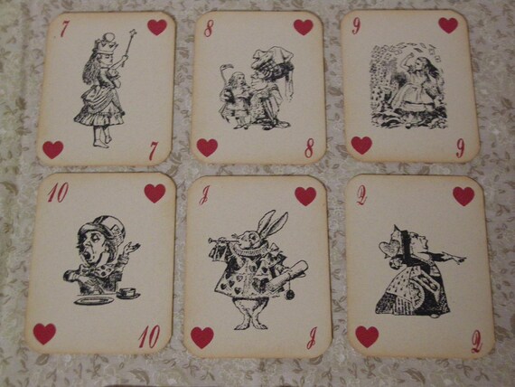 Alice in Wonderland Playing Cards - ephemera, vintage style, shabby chic style, red queen, heart, white rabbit, mad hatter, cheshire cat