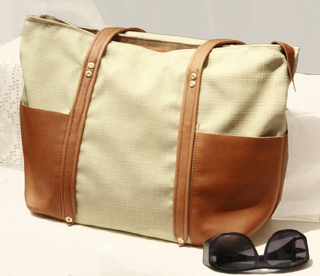 Canvas Leather Tote Bag,  Leather Laptop Bag, Personalized