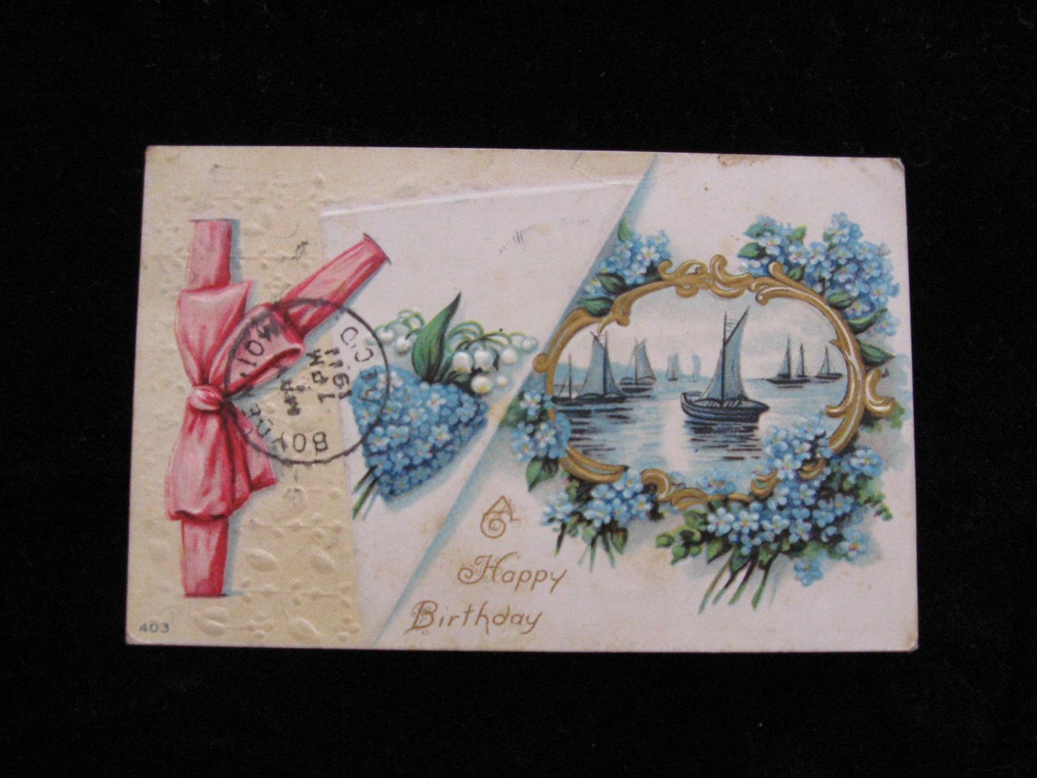 Delicate Blue Flowers, Love, and Ships in the Distance   1911 Vintage Postcard                         A Happy Birthday
