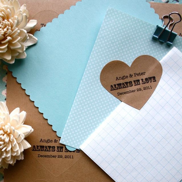 Personalized Wedding, Valentines, Romantic Heart Shaped Recycled Kraft Seal Stickers for invitations or thank you notes- Set of 15