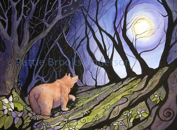 Bear and Trillium Moon Large Matted Open Edition Print