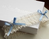 White Lace Wedding Garter with Blue Silk Satin Bows and Rhinestone Crystals