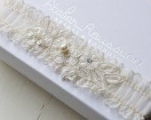 Amour Ivory French Lace Bridal Garter with Blue Swarovski Crystal and Freshwater Pearls