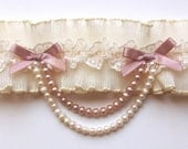 ivory pleated french lace bridal garter with pearl drape