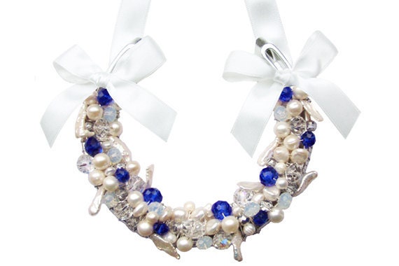 Something Blue Lucky Horseshoe with Blue Swarovski Crystals and Freshwater Pearls