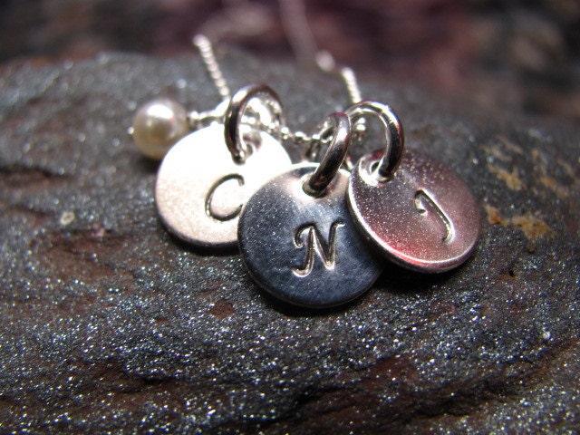 Sterling Silver Triple Initial Charm Necklace with Pearl