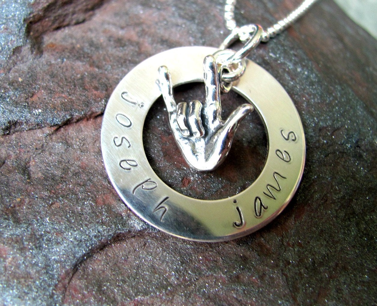 A "I Love You" Sign Language Hand with a Personalized Sterling Silver Hand Stamped Necklace